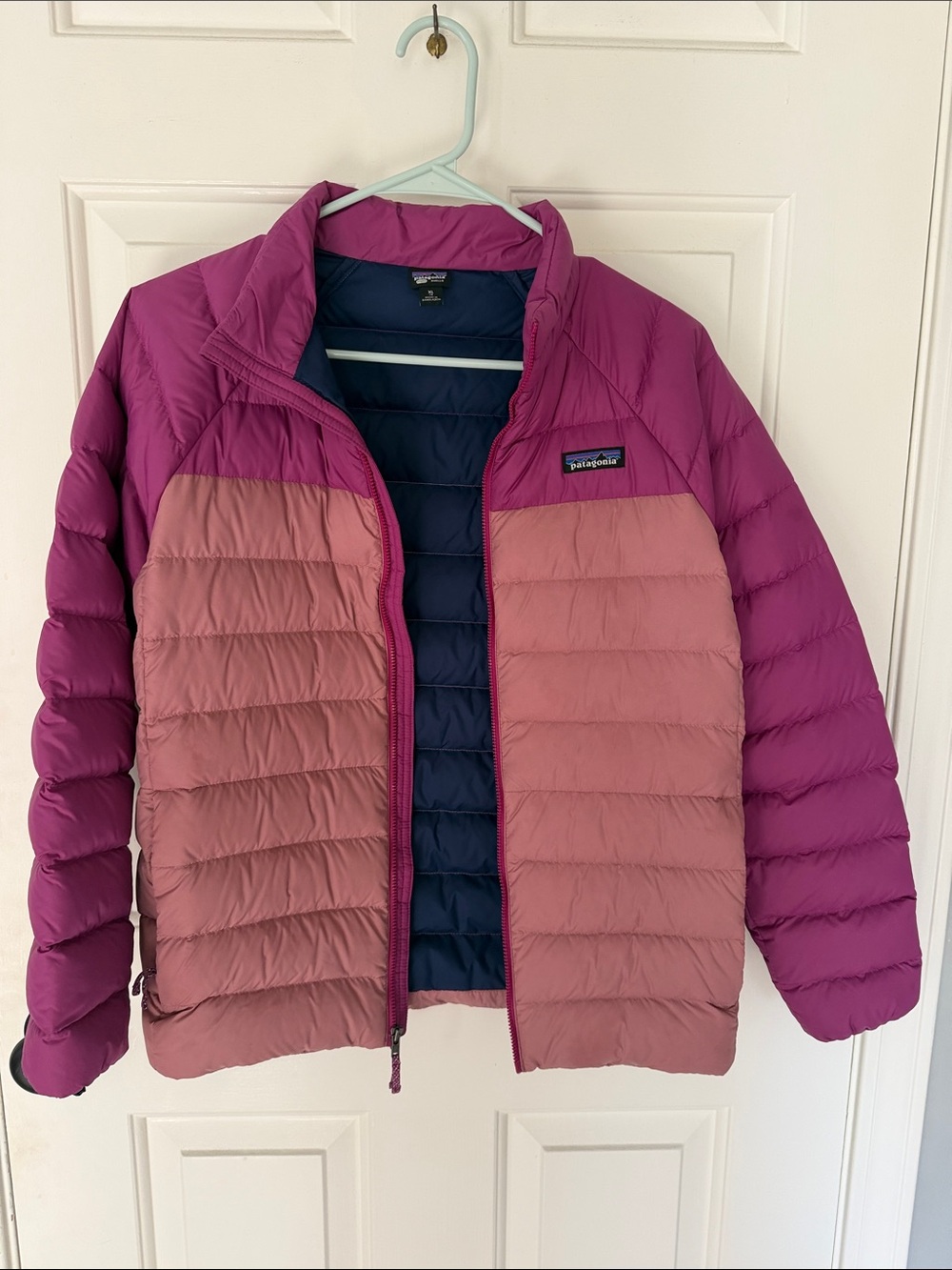 Patagonia Kid's Colorblock Puffer Jacket in Magenta and Rose